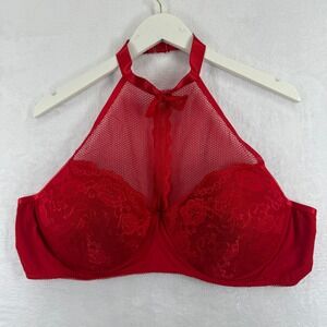 Just Sexy Lingerie‎ Red Halter Bra Lace Mesh Bow Detail Size 3X